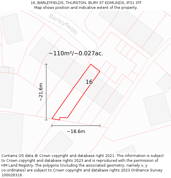 16, BARLEYFIELDS, THURSTON, BURY ST EDMUNDS, IP31 3TF: Plot and title map