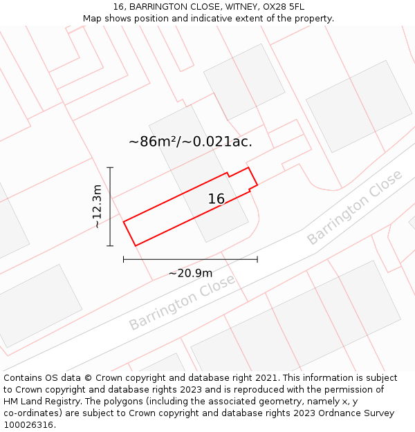 16, BARRINGTON CLOSE, WITNEY, OX28 5FL: Plot and title map