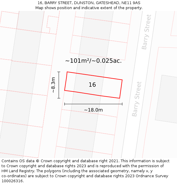 16, BARRY STREET, DUNSTON, GATESHEAD, NE11 9AS: Plot and title map