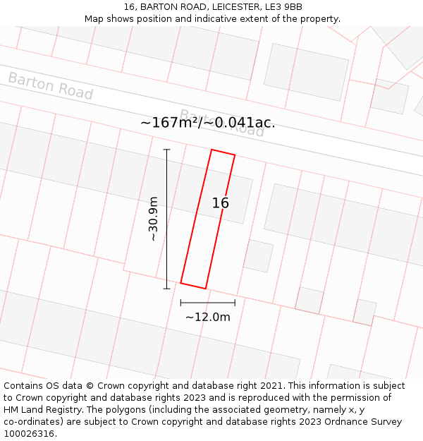 16, BARTON ROAD, LEICESTER, LE3 9BB: Plot and title map