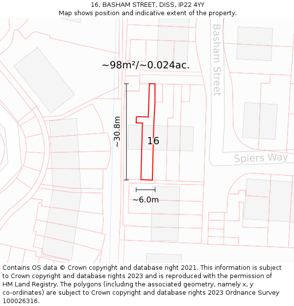 16, BASHAM STREET, DISS, IP22 4YY: Plot and title map