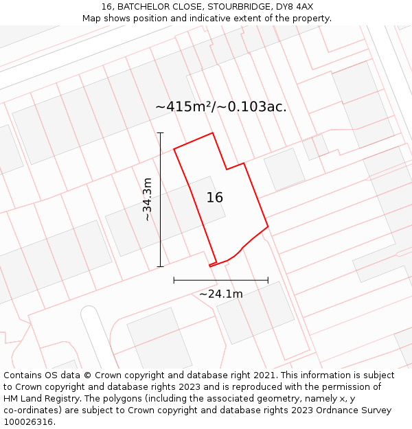 16, BATCHELOR CLOSE, STOURBRIDGE, DY8 4AX: Plot and title map