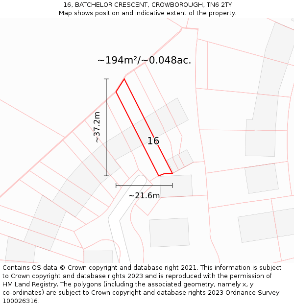 16, BATCHELOR CRESCENT, CROWBOROUGH, TN6 2TY: Plot and title map