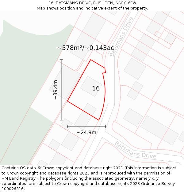 16, BATSMANS DRIVE, RUSHDEN, NN10 6EW: Plot and title map