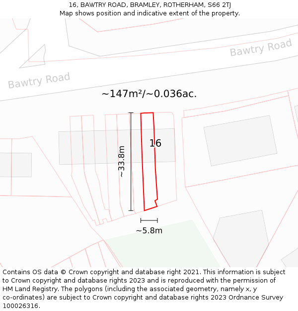 16, BAWTRY ROAD, BRAMLEY, ROTHERHAM, S66 2TJ: Plot and title map