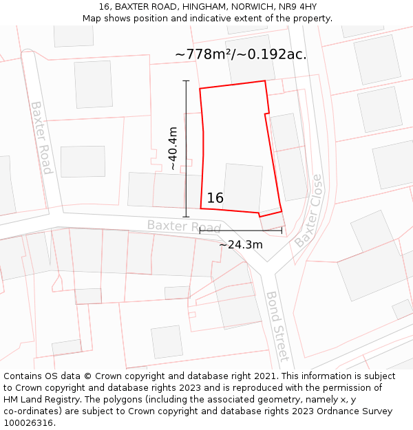 16, BAXTER ROAD, HINGHAM, NORWICH, NR9 4HY: Plot and title map
