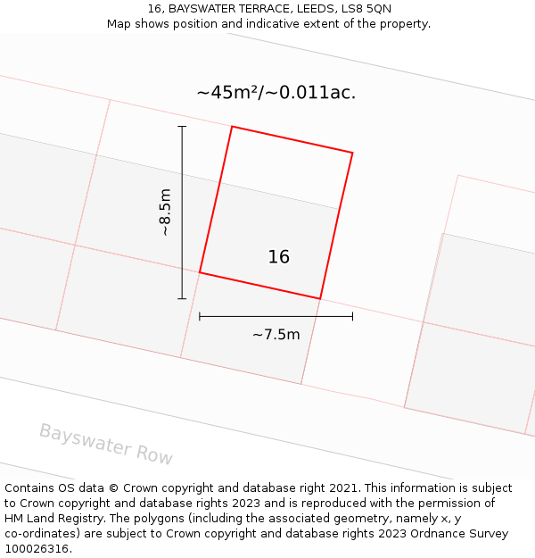 16, BAYSWATER TERRACE, LEEDS, LS8 5QN: Plot and title map