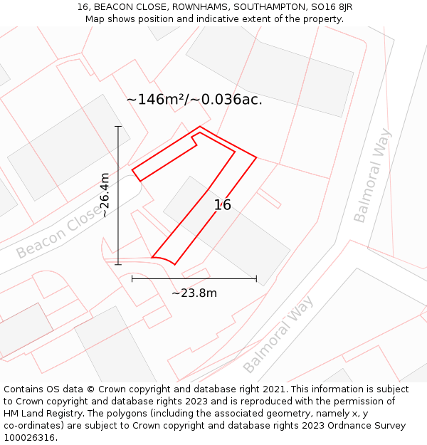 16, BEACON CLOSE, ROWNHAMS, SOUTHAMPTON, SO16 8JR: Plot and title map