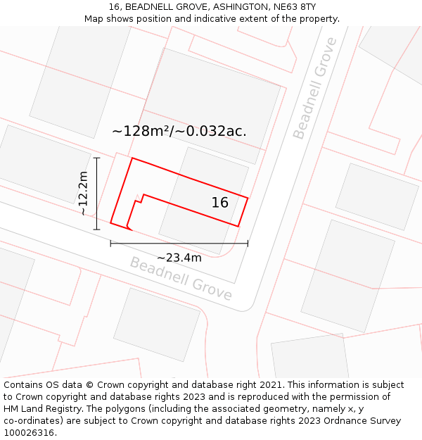 16, BEADNELL GROVE, ASHINGTON, NE63 8TY: Plot and title map
