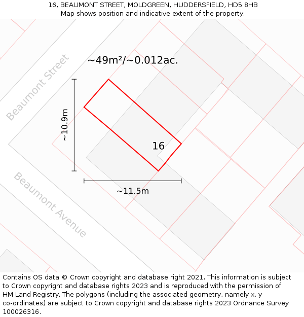 16, BEAUMONT STREET, MOLDGREEN, HUDDERSFIELD, HD5 8HB: Plot and title map
