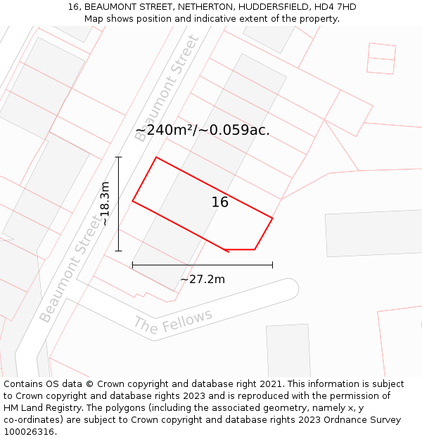 16, BEAUMONT STREET, NETHERTON, HUDDERSFIELD, HD4 7HD: Plot and title map