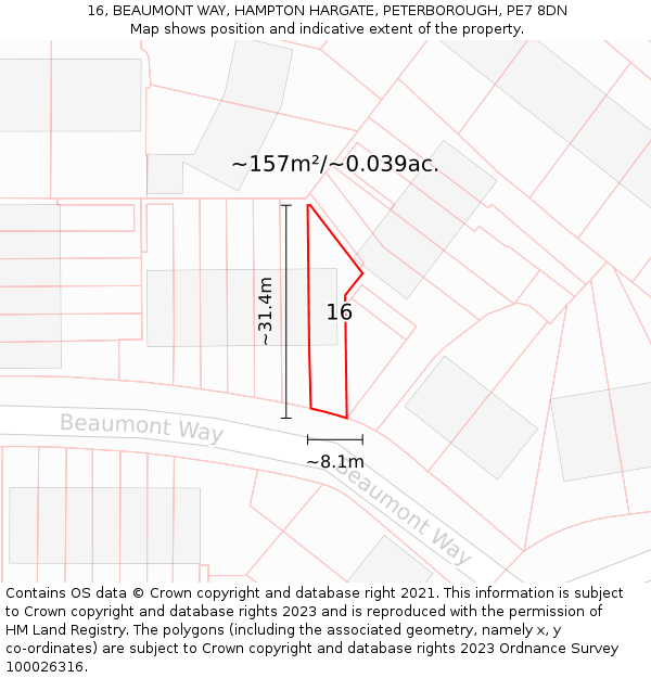 16, BEAUMONT WAY, HAMPTON HARGATE, PETERBOROUGH, PE7 8DN: Plot and title map