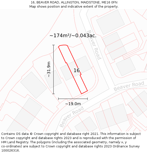 16, BEAVER ROAD, ALLINGTON, MAIDSTONE, ME16 0FN: Plot and title map