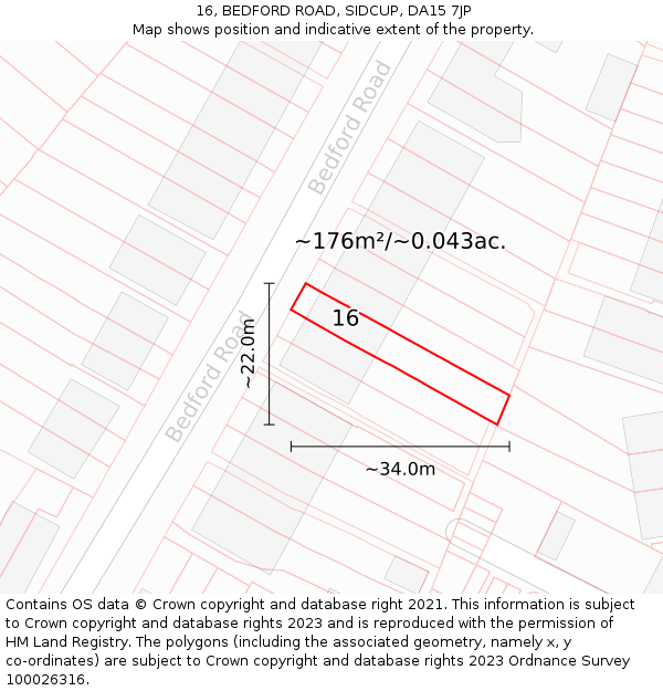16, BEDFORD ROAD, SIDCUP, DA15 7JP: Plot and title map