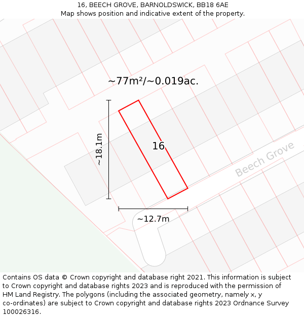 16, BEECH GROVE, BARNOLDSWICK, BB18 6AE: Plot and title map