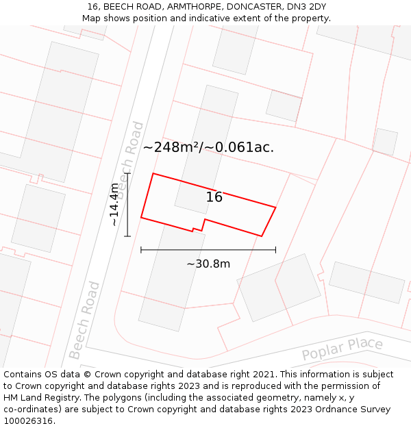 16, BEECH ROAD, ARMTHORPE, DONCASTER, DN3 2DY: Plot and title map