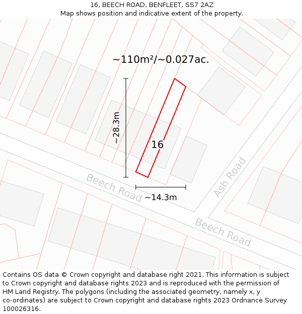 16, BEECH ROAD, BENFLEET, SS7 2AZ: Plot and title map