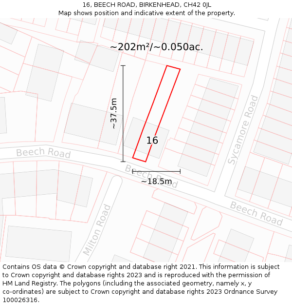 16, BEECH ROAD, BIRKENHEAD, CH42 0JL: Plot and title map