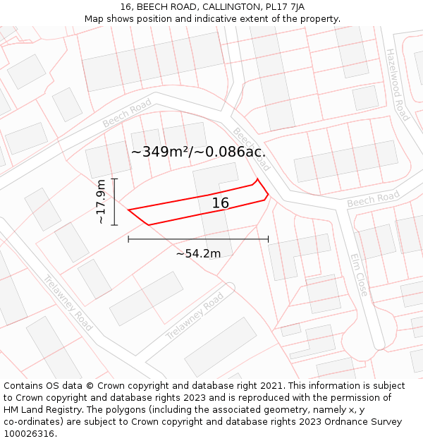16, BEECH ROAD, CALLINGTON, PL17 7JA: Plot and title map
