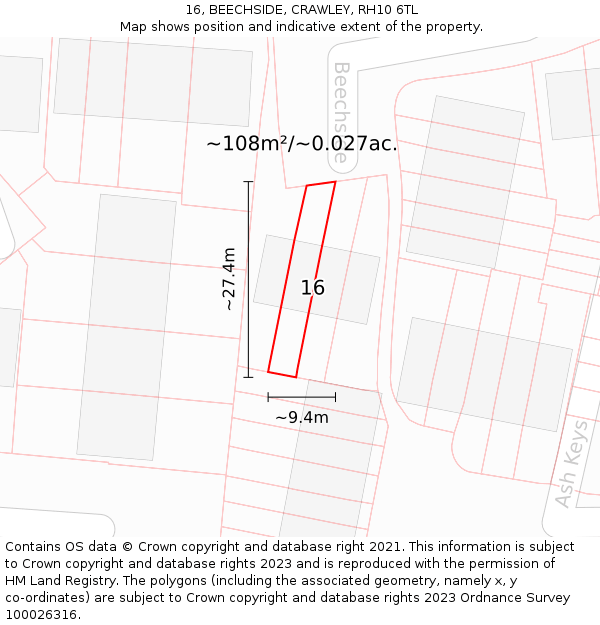 16, BEECHSIDE, CRAWLEY, RH10 6TL: Plot and title map