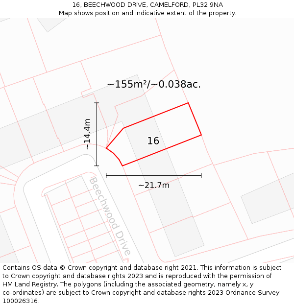 16, BEECHWOOD DRIVE, CAMELFORD, PL32 9NA: Plot and title map
