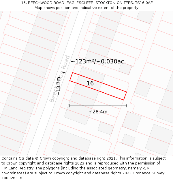 16, BEECHWOOD ROAD, EAGLESCLIFFE, STOCKTON-ON-TEES, TS16 0AE: Plot and title map