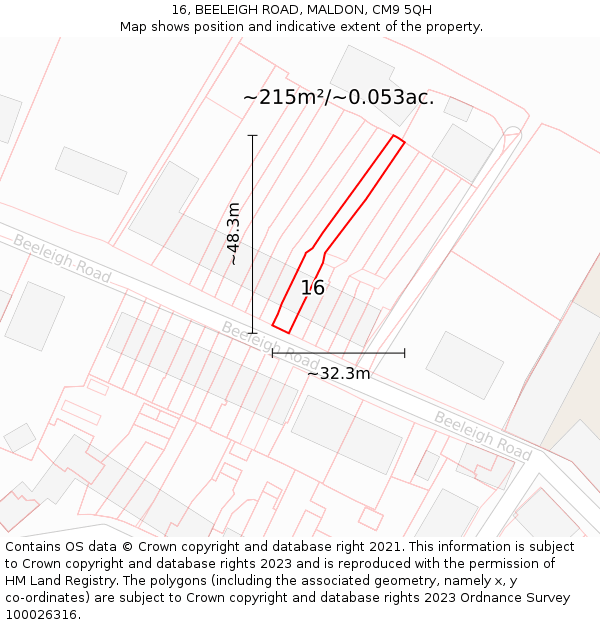 16, BEELEIGH ROAD, MALDON, CM9 5QH: Plot and title map