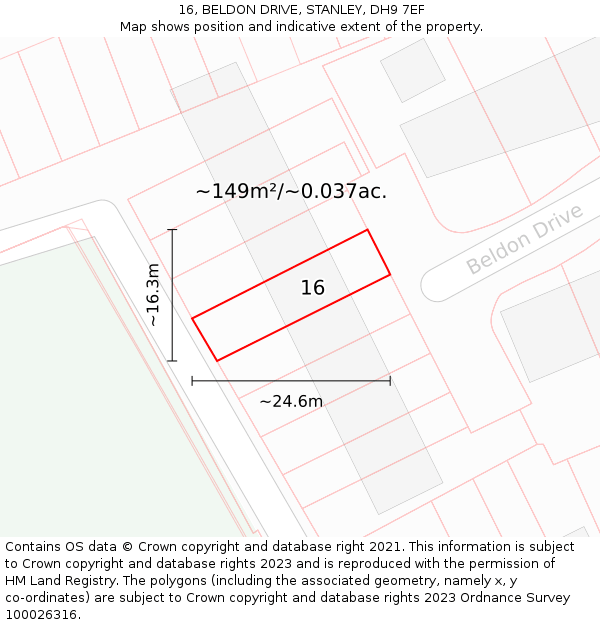 16, BELDON DRIVE, STANLEY, DH9 7EF: Plot and title map