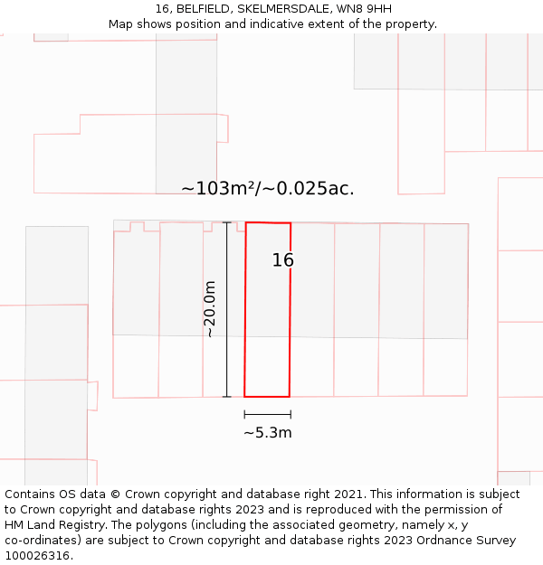 16, BELFIELD, SKELMERSDALE, WN8 9HH: Plot and title map