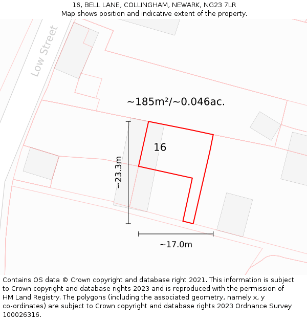 16, BELL LANE, COLLINGHAM, NEWARK, NG23 7LR: Plot and title map
