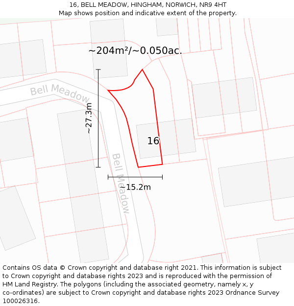 16, BELL MEADOW, HINGHAM, NORWICH, NR9 4HT: Plot and title map