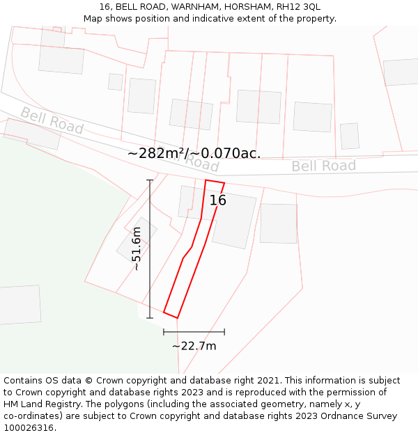 16, BELL ROAD, WARNHAM, HORSHAM, RH12 3QL: Plot and title map
