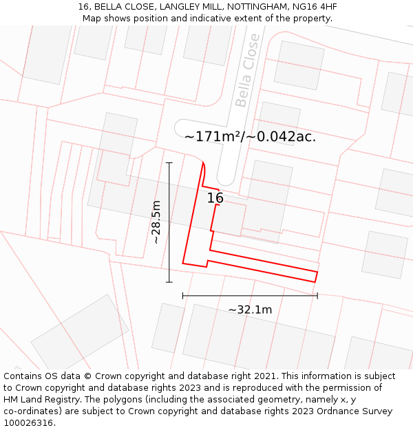 16, BELLA CLOSE, LANGLEY MILL, NOTTINGHAM, NG16 4HF: Plot and title map