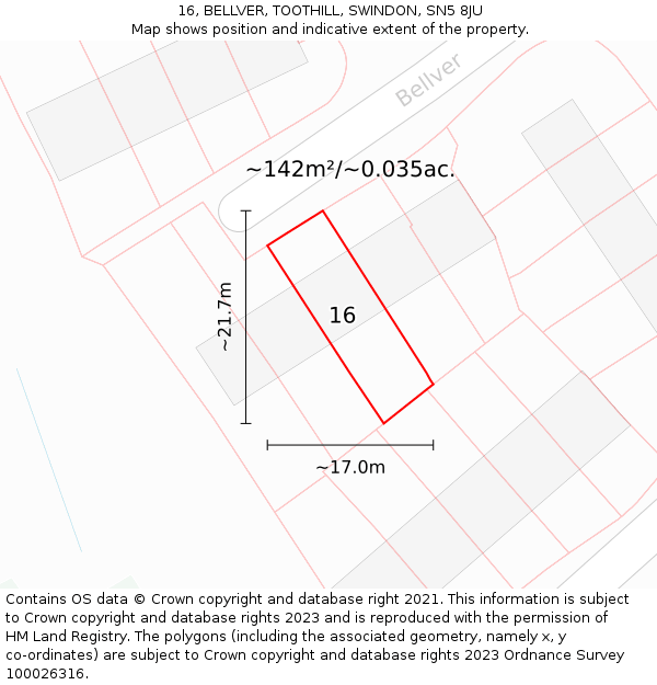 16, BELLVER, TOOTHILL, SWINDON, SN5 8JU: Plot and title map