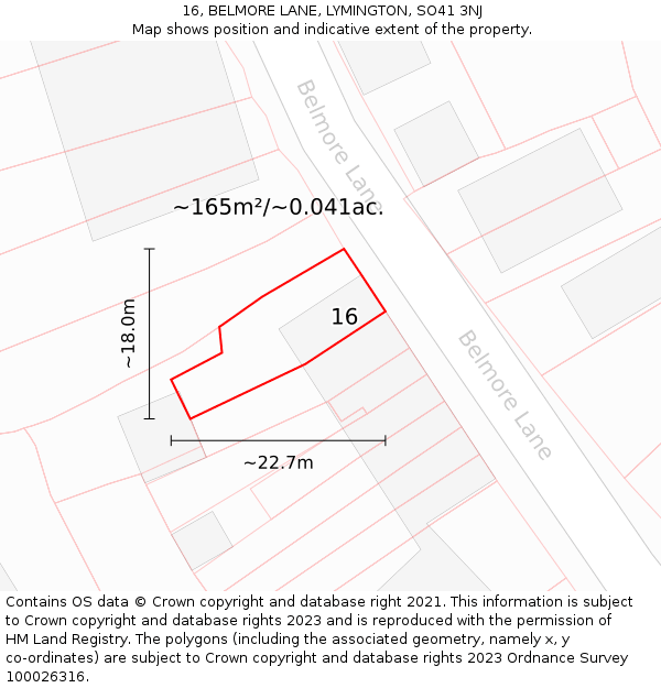 16, BELMORE LANE, LYMINGTON, SO41 3NJ: Plot and title map