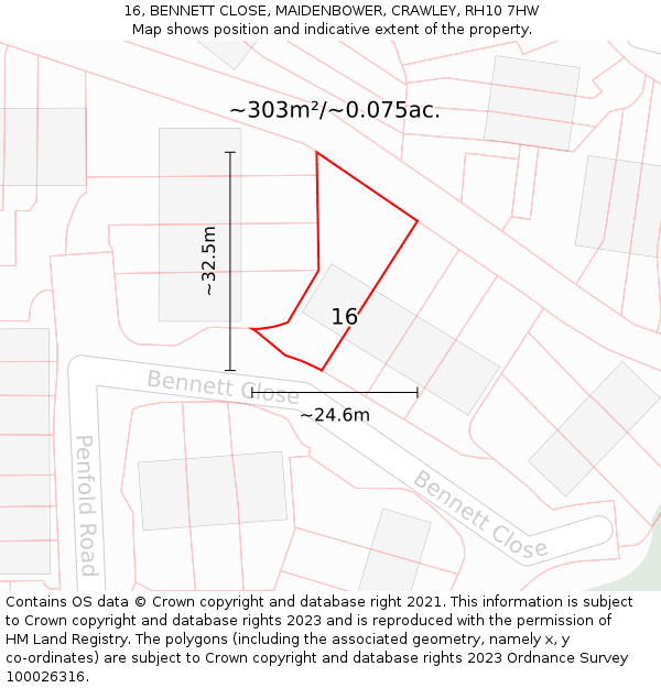 16, BENNETT CLOSE, MAIDENBOWER, CRAWLEY, RH10 7HW: Plot and title map