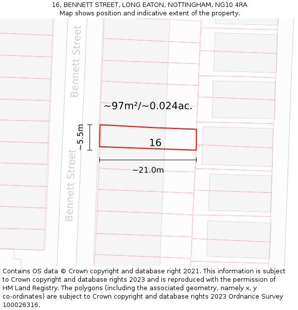 16, BENNETT STREET, LONG EATON, NOTTINGHAM, NG10 4RA: Plot and title map