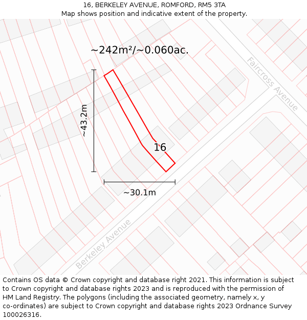 16, BERKELEY AVENUE, ROMFORD, RM5 3TA: Plot and title map