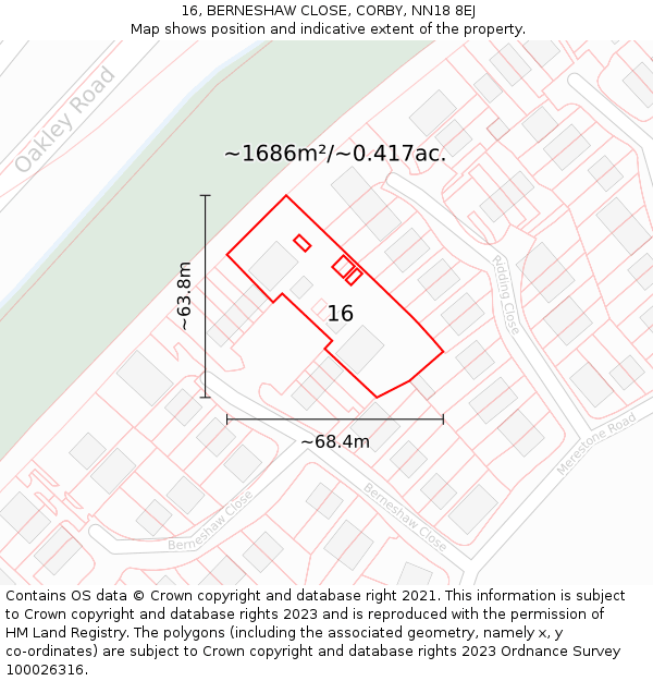 16, BERNESHAW CLOSE, CORBY, NN18 8EJ: Plot and title map
