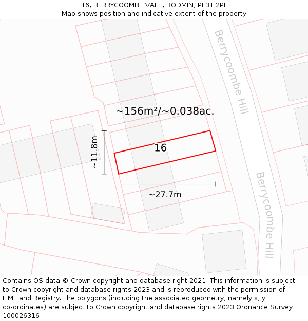 16, BERRYCOOMBE VALE, BODMIN, PL31 2PH: Plot and title map