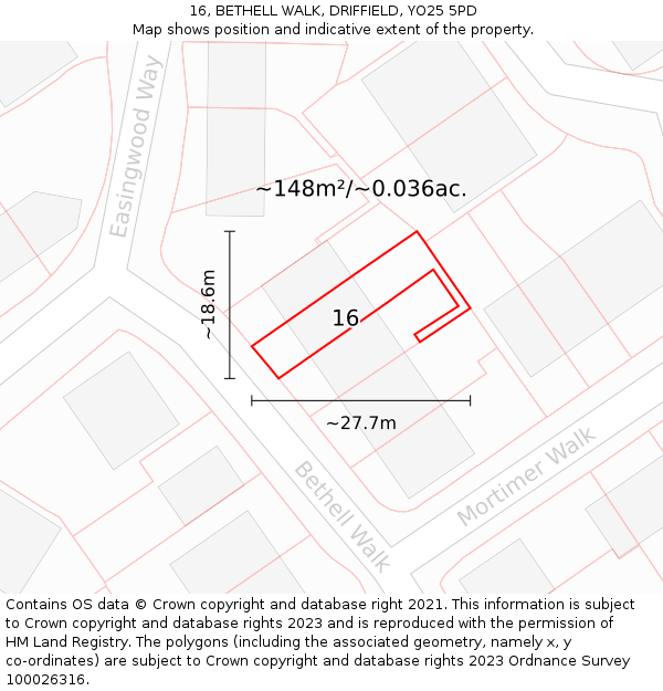 16, BETHELL WALK, DRIFFIELD, YO25 5PD: Plot and title map