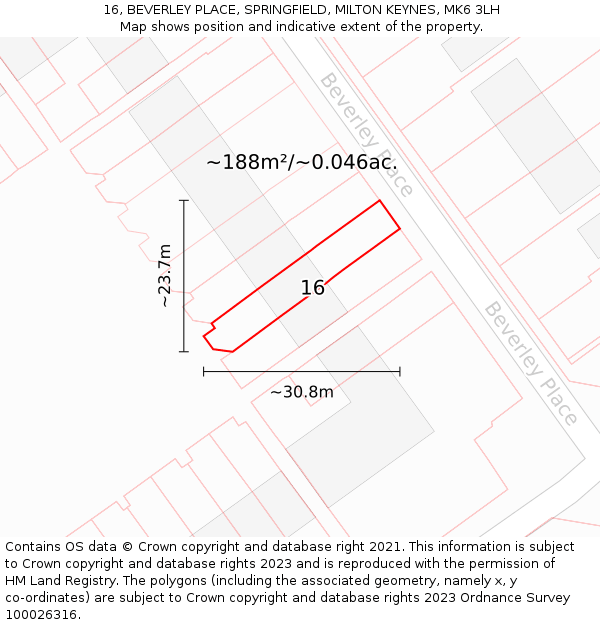 16, BEVERLEY PLACE, SPRINGFIELD, MILTON KEYNES, MK6 3LH: Plot and title map