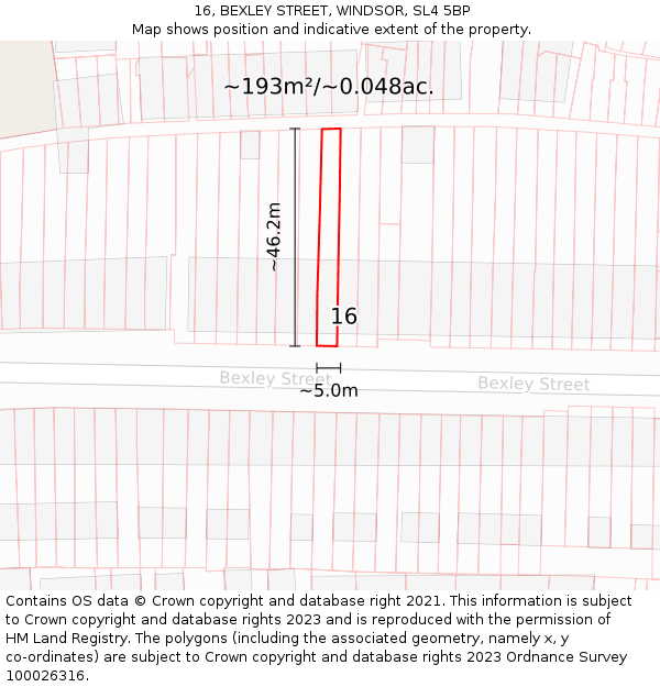 16, BEXLEY STREET, WINDSOR, SL4 5BP: Plot and title map