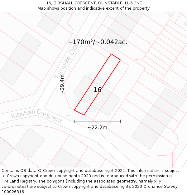 16, BIBSHALL CRESCENT, DUNSTABLE, LU6 3NE: Plot and title map