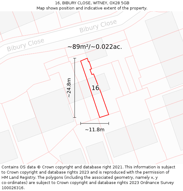 16, BIBURY CLOSE, WITNEY, OX28 5GB: Plot and title map