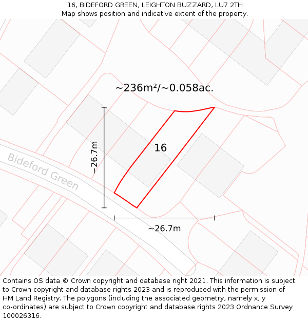 16, BIDEFORD GREEN, LEIGHTON BUZZARD, LU7 2TH: Plot and title map