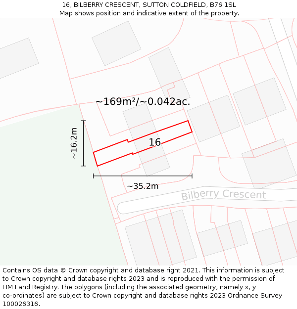 16, BILBERRY CRESCENT, SUTTON COLDFIELD, B76 1SL: Plot and title map
