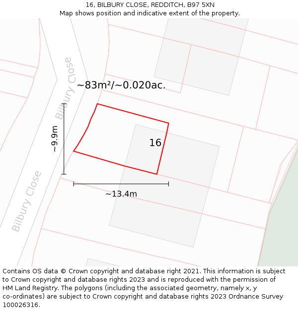 16, BILBURY CLOSE, REDDITCH, B97 5XN: Plot and title map