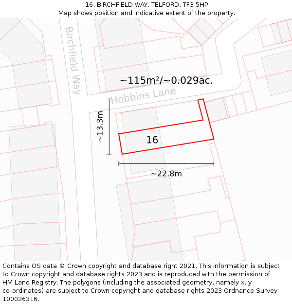 16, BIRCHFIELD WAY, TELFORD, TF3 5HP: Plot and title map