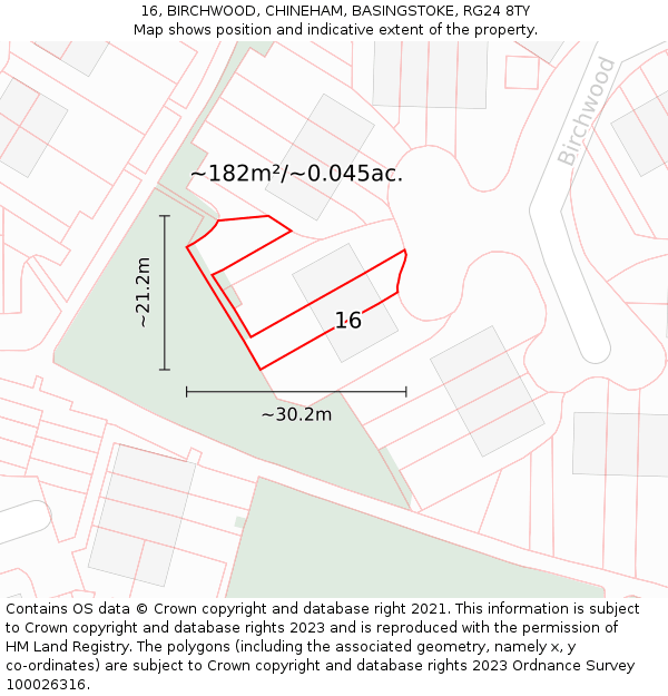 16, BIRCHWOOD, CHINEHAM, BASINGSTOKE, RG24 8TY: Plot and title map